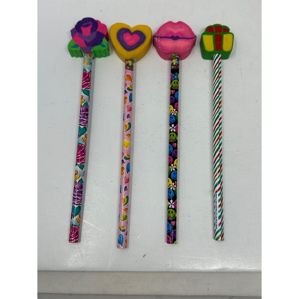 Vintage Lot of 4 Unused Large Eraser Pencils 3 Lisa Frank, 1 Christmas Z0